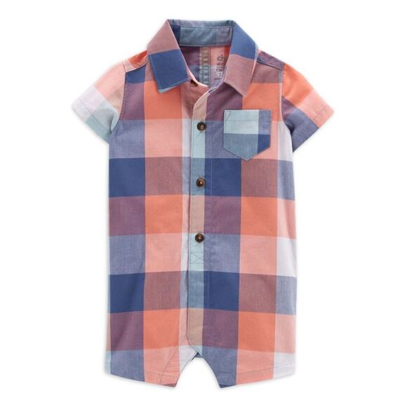 Carter's Child of Mine Baby Boy Plaid Button Down Short Sleeve Romper  3/7M - Picture 1 of 6